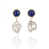 Gold Plated Silver Stud Lapis Lazuli Earrings with White Baroque Pearl Drop