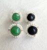 Silver Round Stud Earrings with Jade, Blue Sun Stone, and White Pearl