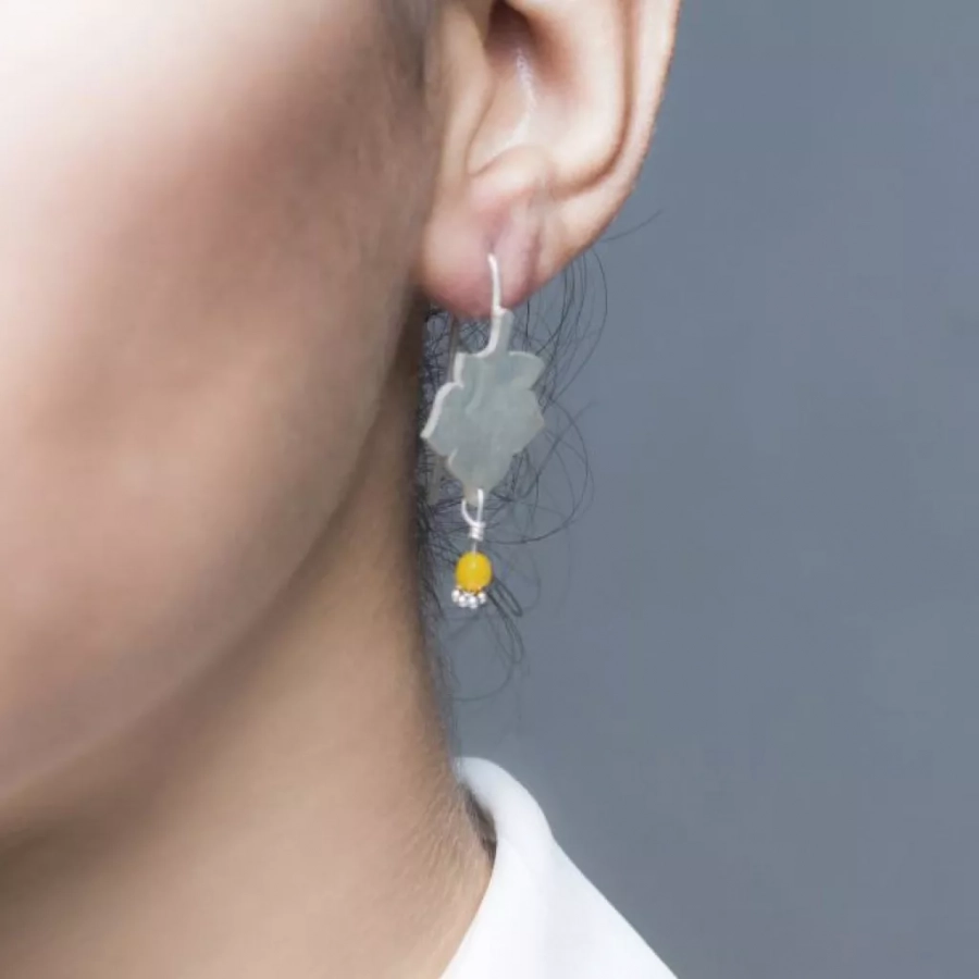 Fallen Leaf Silver Earrings With Yellow Agate Bead