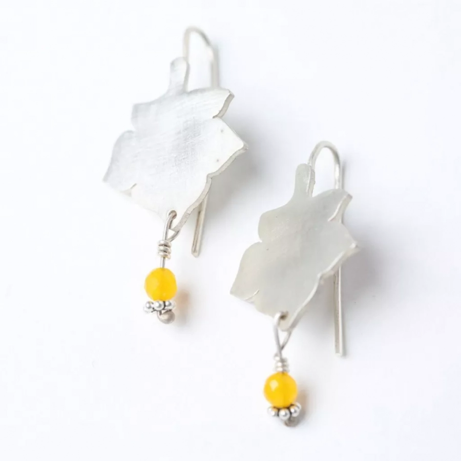 Fallen Leaf Silver Earrings With Yellow Agate Bead