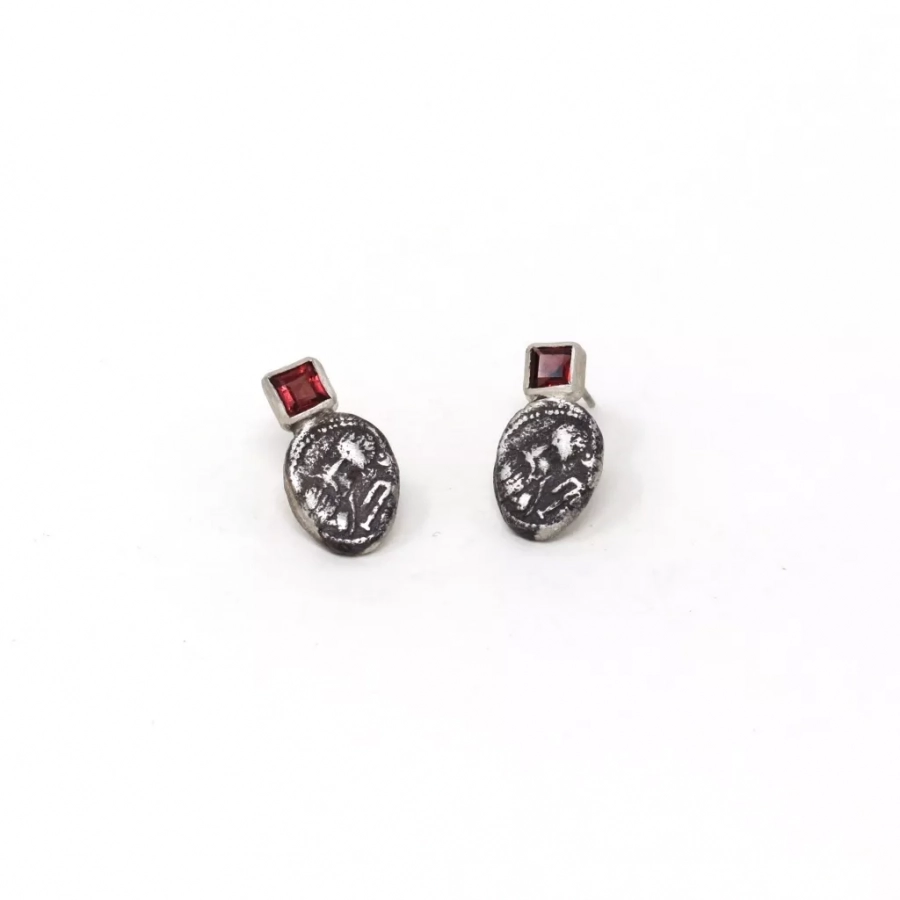 Antique Coin Silver Earrings With Red Cubic Zirconia