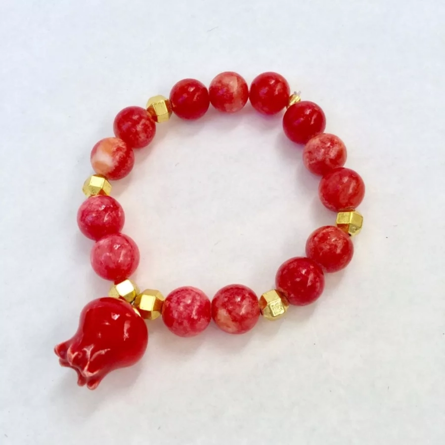 New Ceramic Pomegranate Bracelet With Red Quartzite Beads