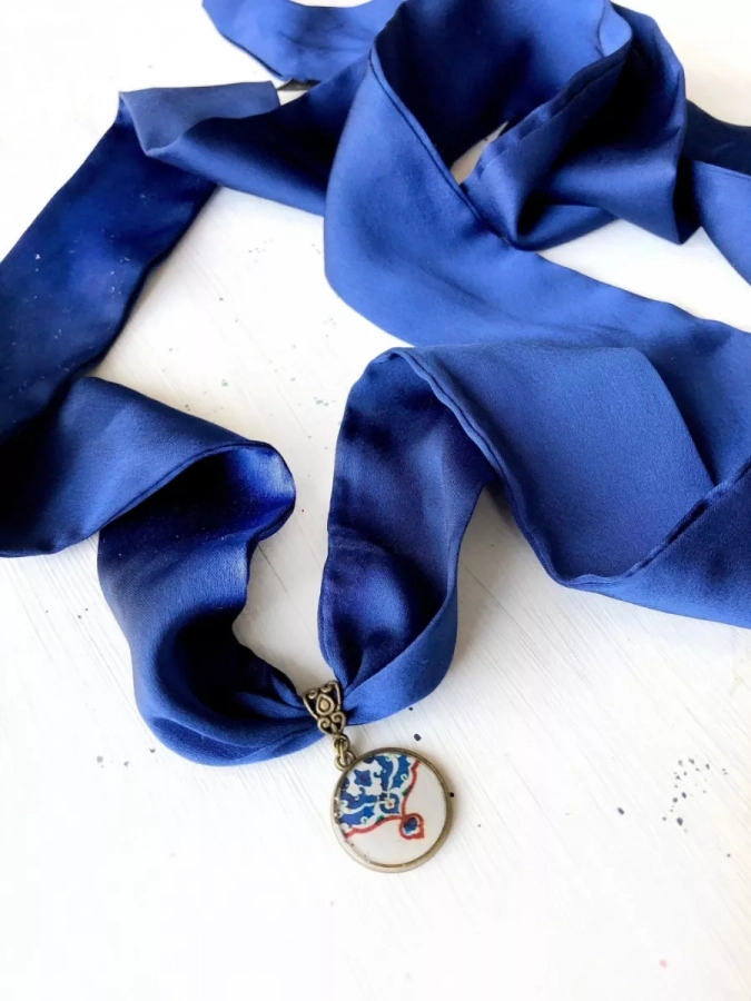 Persian Motif Medallion Blue Scarf Necklace - -Shilan 