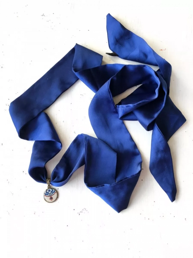 Persian Motif Medallion Blue Scarf Necklace - -Shilan 