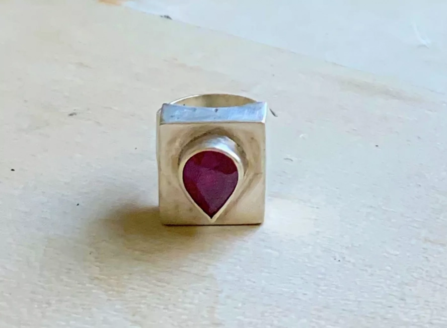 Handmade Silver Ring With Red Ruby Tear Stone