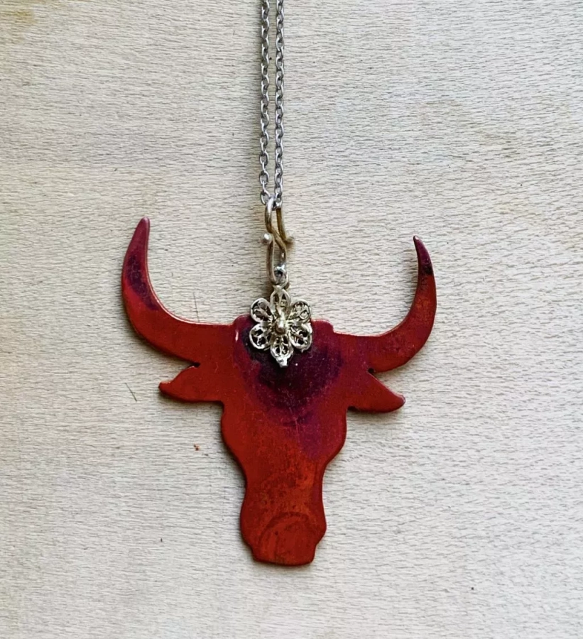 Handmade Silver And Wooden Bull's Head Necklace