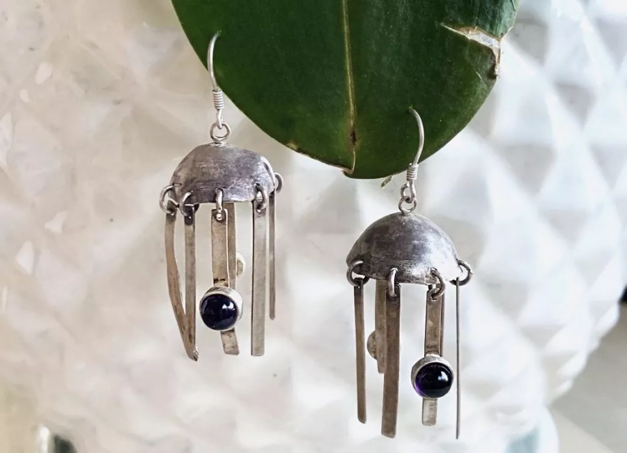 Handmade Silver Earrings With Dark Purple Amethyst