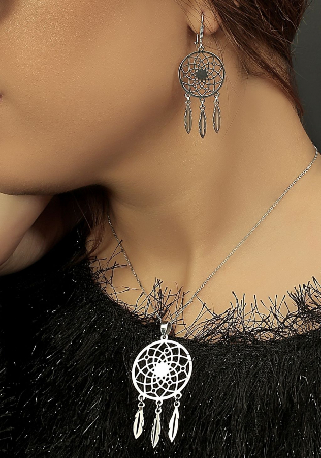 Dream Catcher Silver Necklace And Earrings
