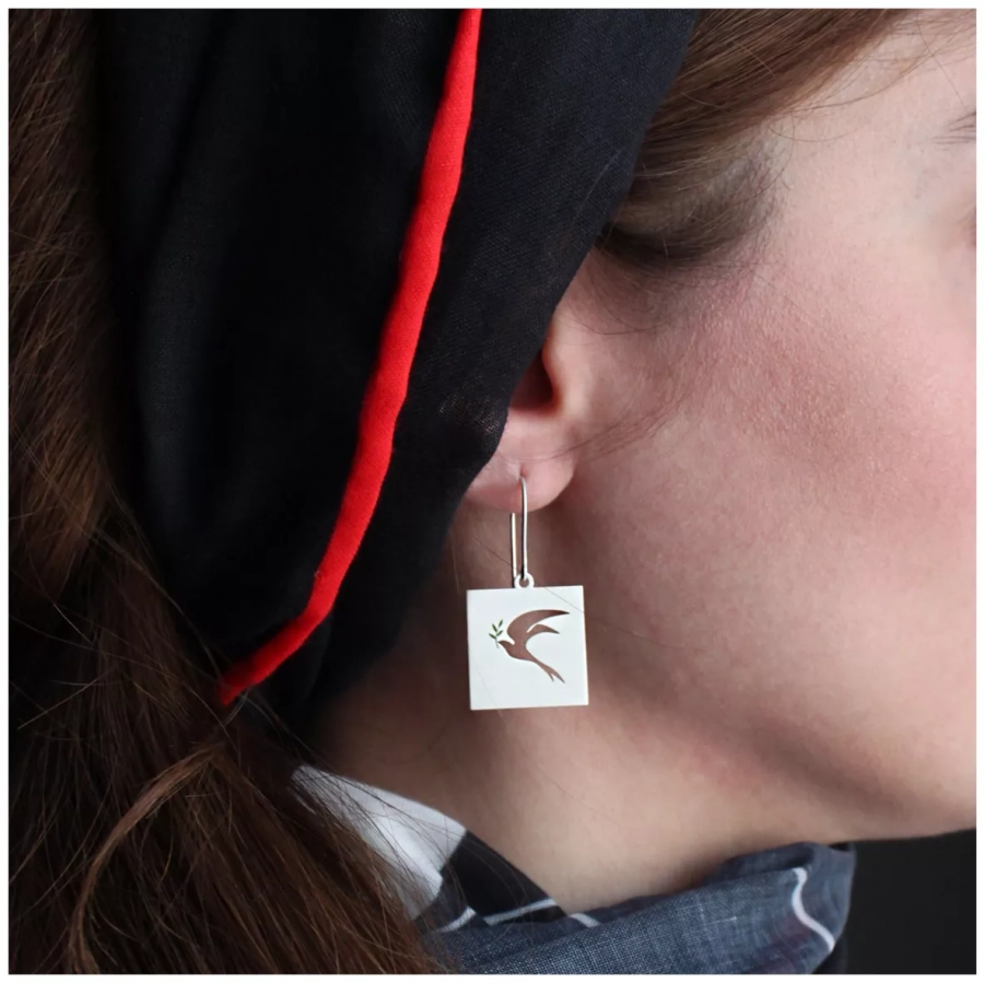 Woman Life Freedom & Freedom Bird Asymmetrical Silver Pendant Earrings