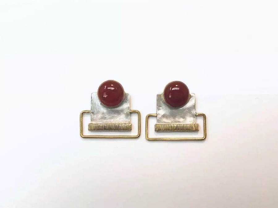 Silver Natural Red Onyx Cabochon Earrings