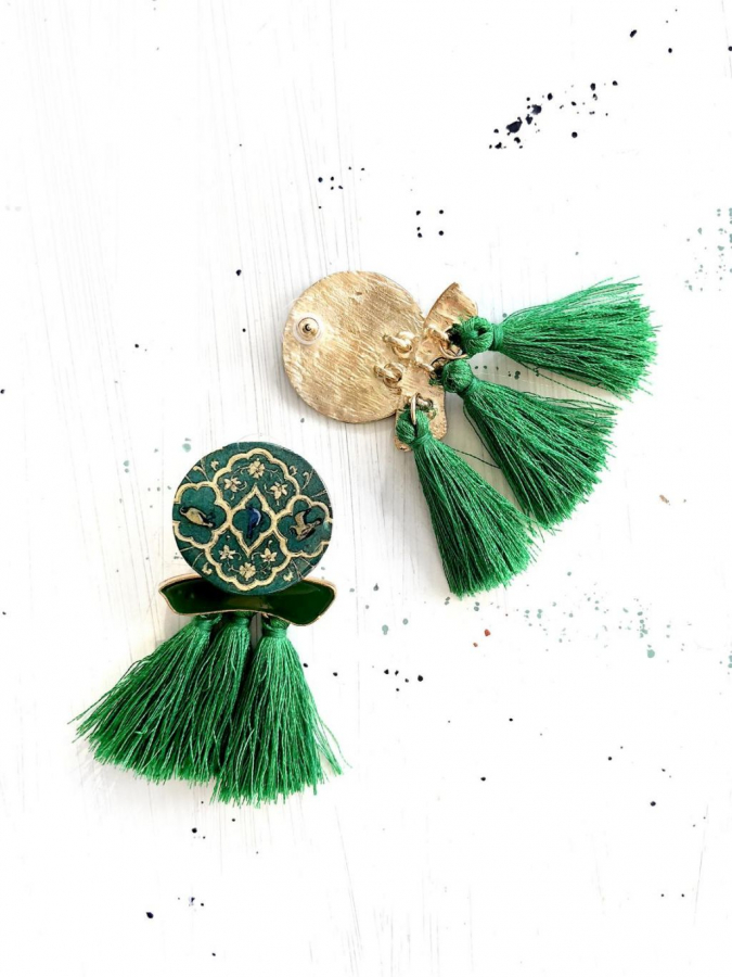 Persian Eslimi Patterned Vintage Green Tassel Fringe Earrings - Avish 