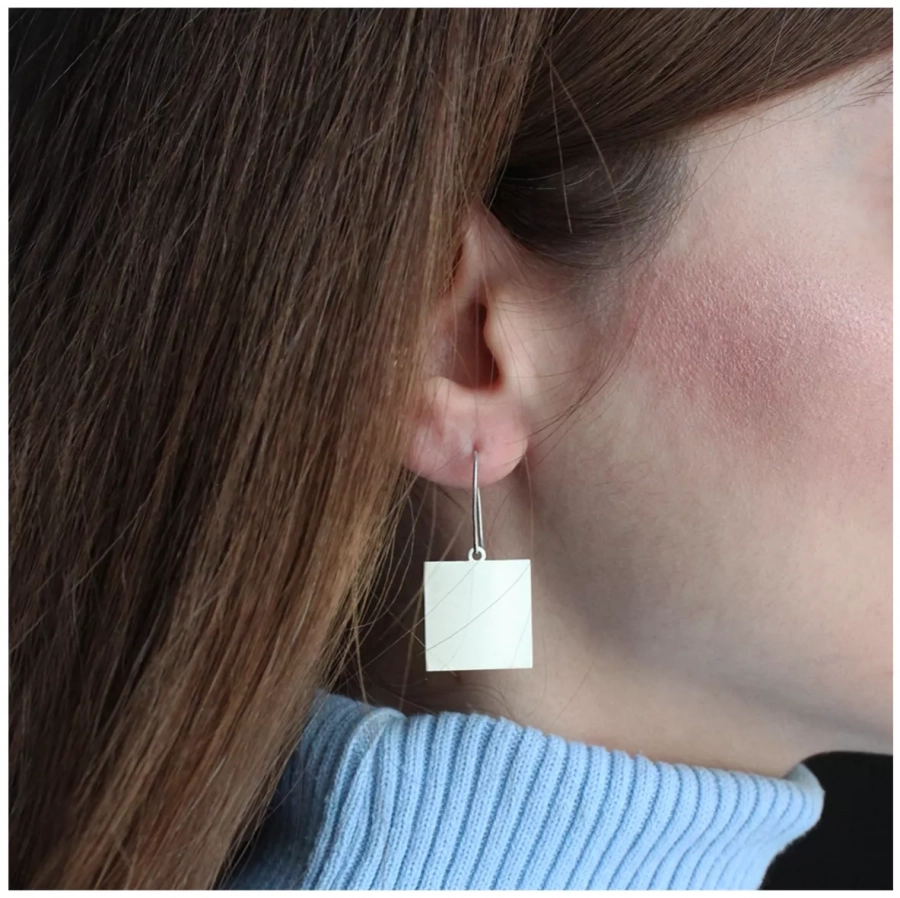 Woman Life Freedom & Plain Square Asymmetrical Silver Earrings