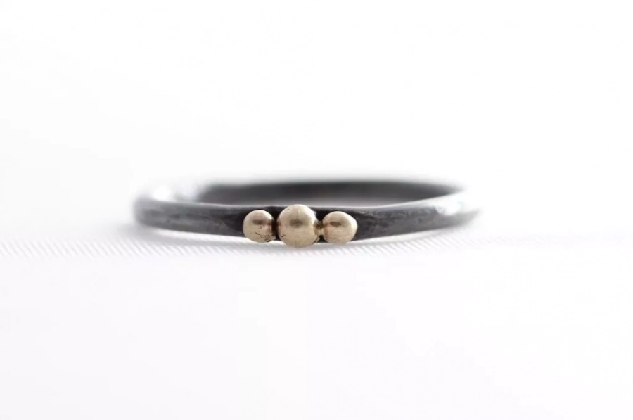 Stacking Oxidized Silver Ring with Three 14k Gold Balls