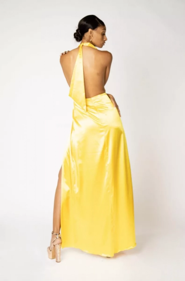 Long Lightweight Sleeveless High Split With A Front V Shape Yellow Corinne Dress