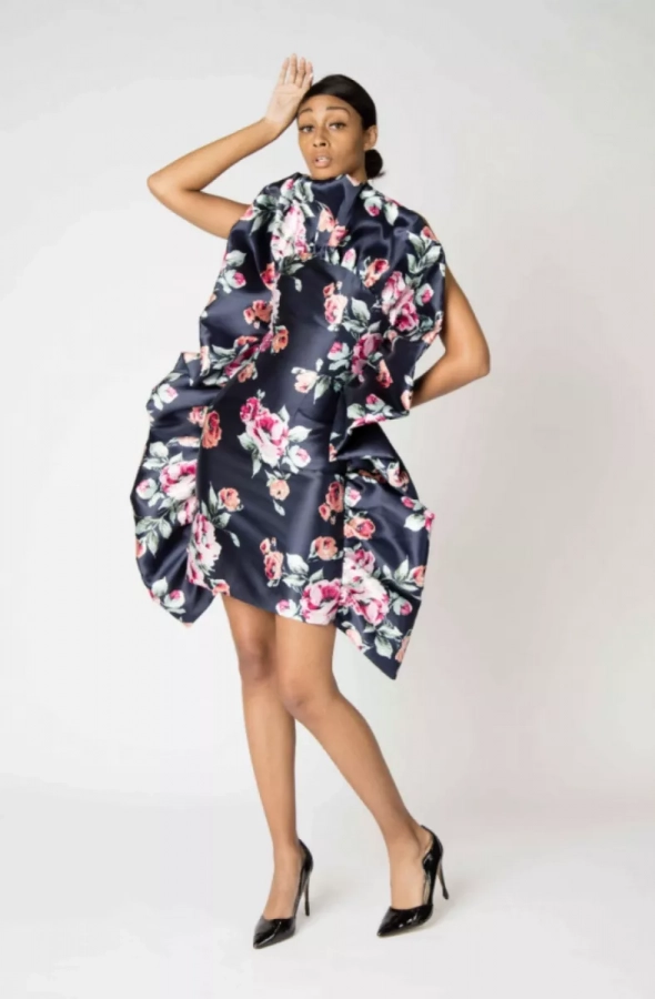 Floral Patterned Outlined With A Bunched Peddle Frida Dress
