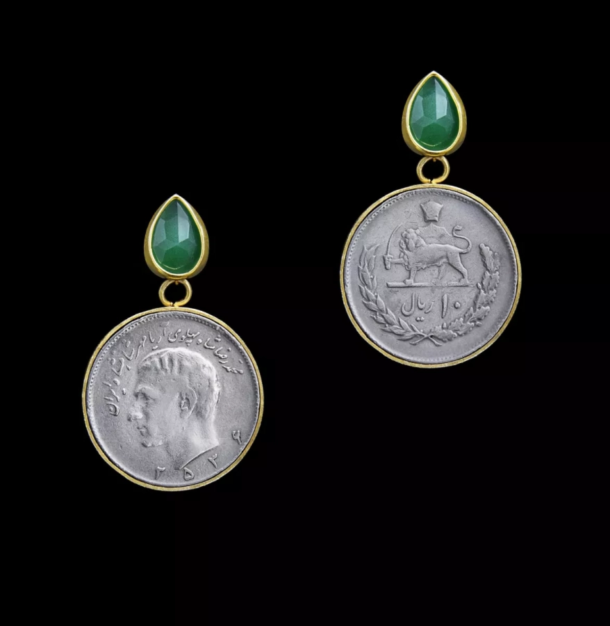 Vintage Iranian Pahlavi Era Coin Earrings With Green Onyx