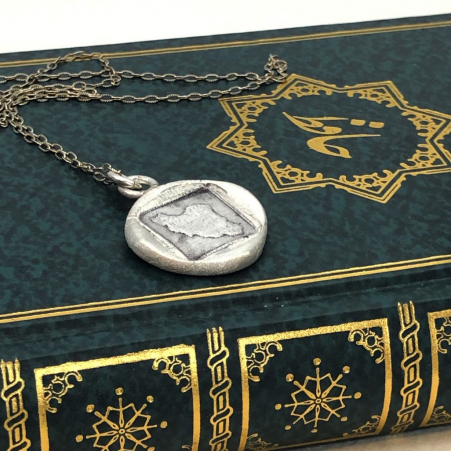 Handmade Persian map wax seal necklace , sterling silver