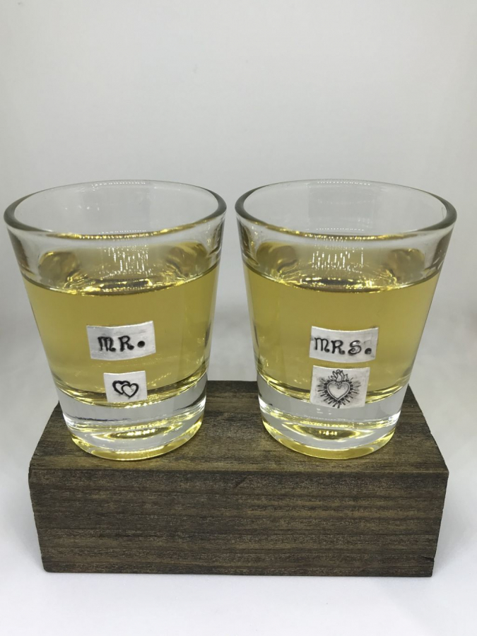 Sterling silver shot glasses , one pair, MR and MRS