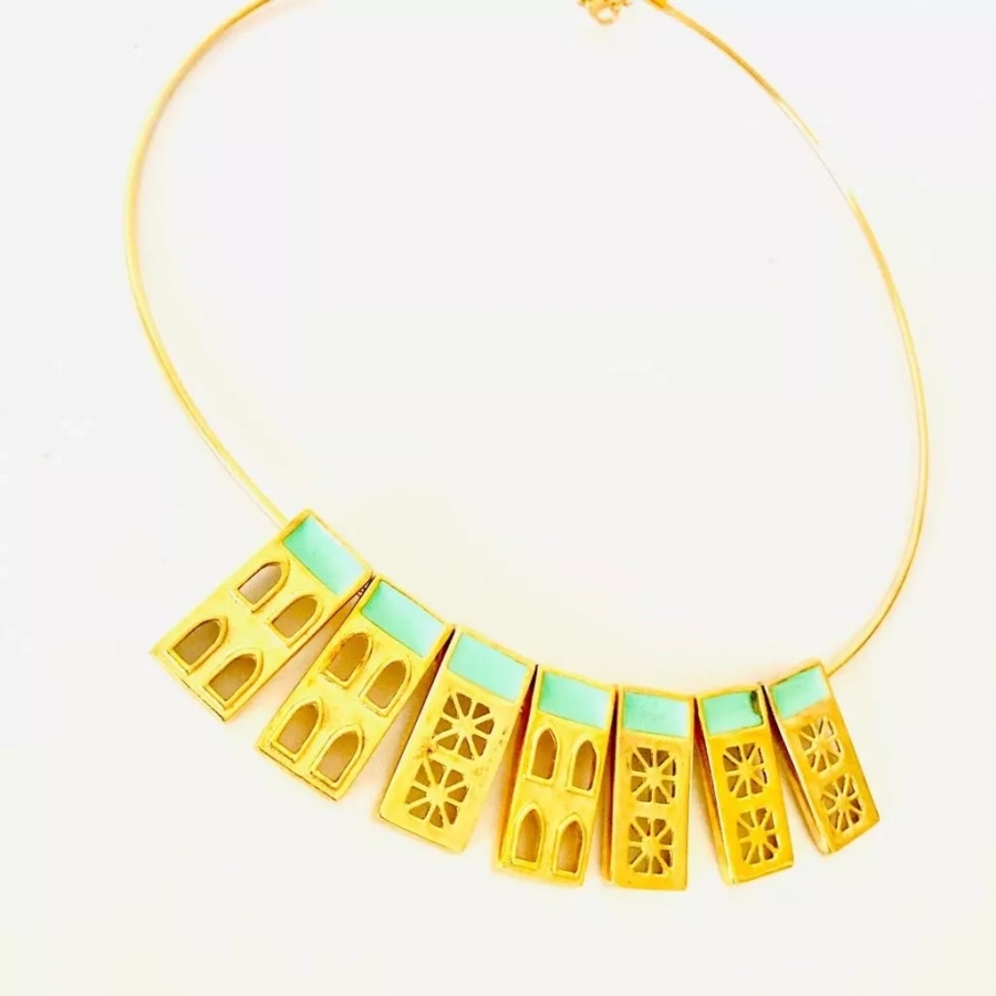 Persian Architecture Gold Plated Unique Bronze Neck Piece And Green Enamel 2