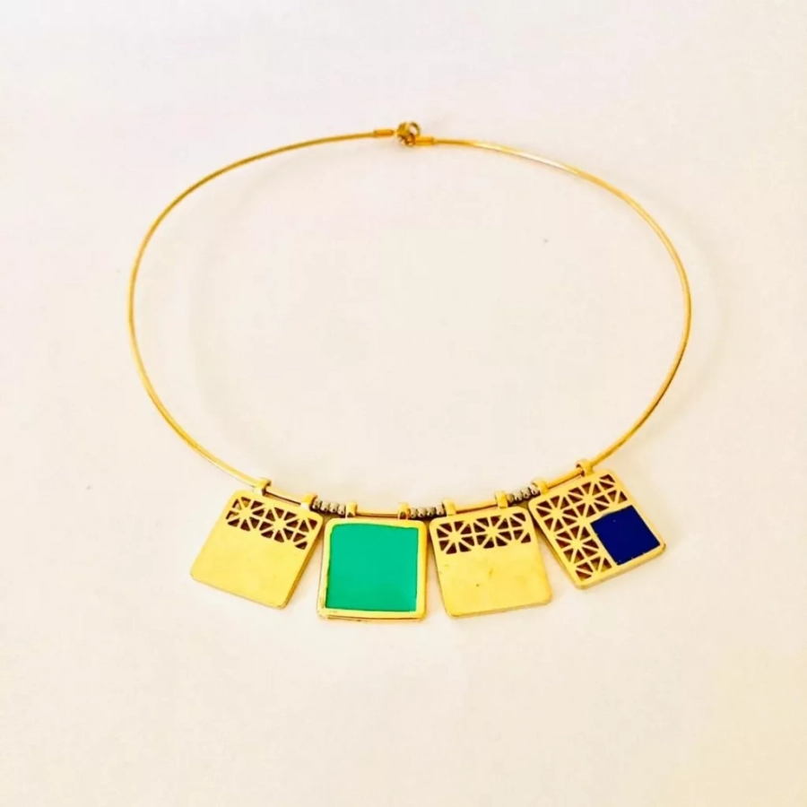 Persian Architecture Gold Plated Unique Bronze Neck Piece And Dark Blue Enamel And Green