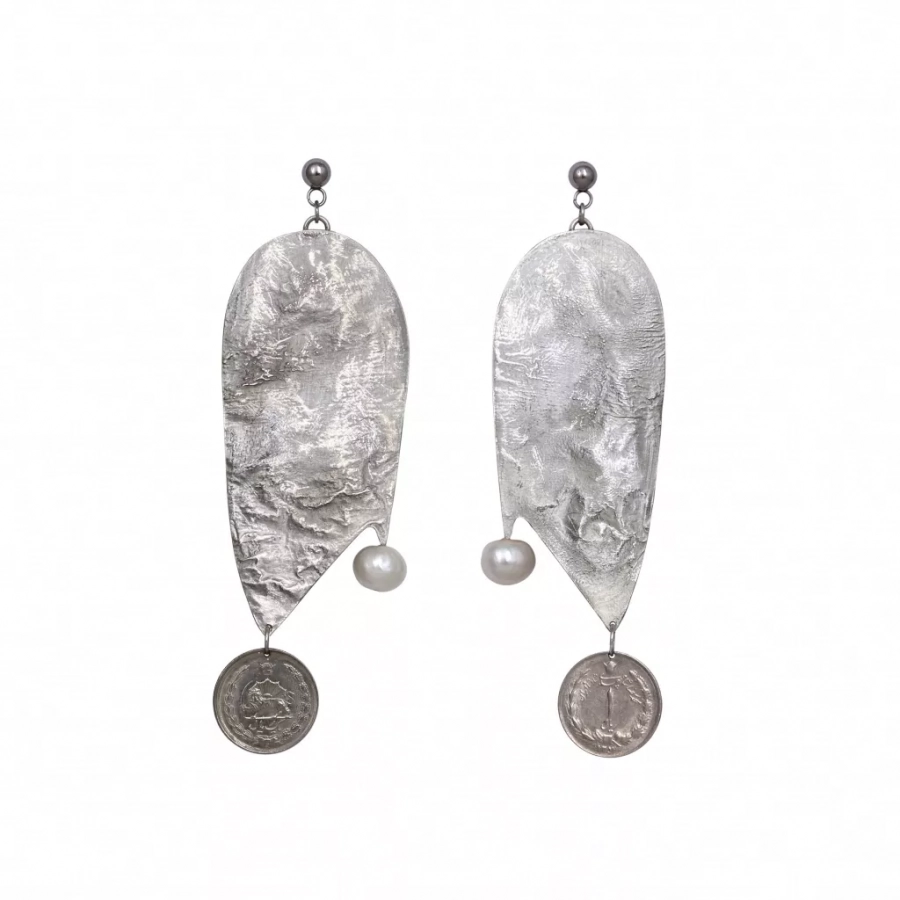 Pearl And Coin Unique Silver Earrings 