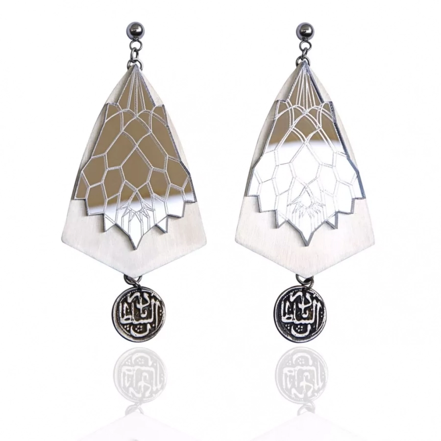 Persian Coin And Mirror Shah Unique Silver Earrings 