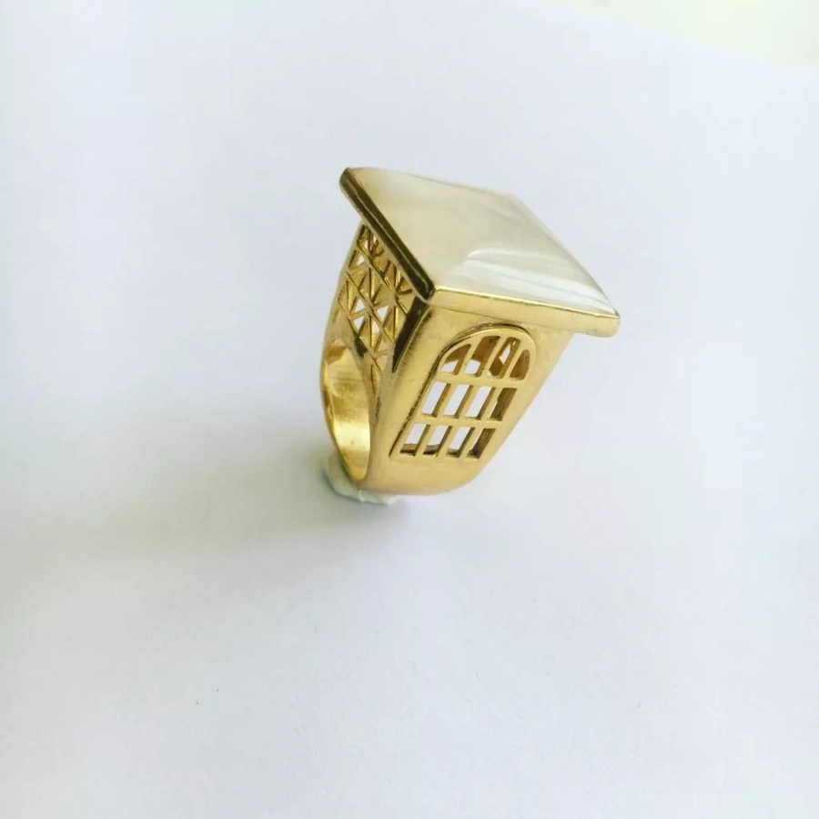 Persian Architecture Gold Plated Bronze Ring And Transparent White agate