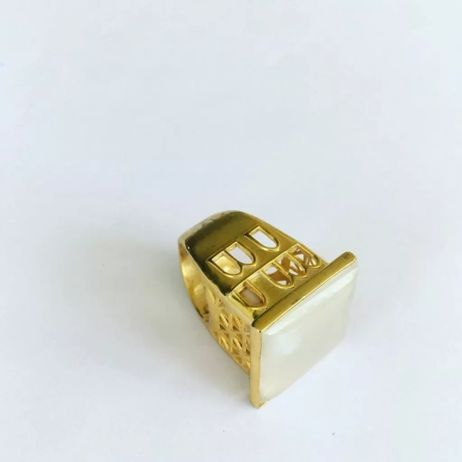 Persian Architecture Gold Plated Bronze Ring And Transparent White agate