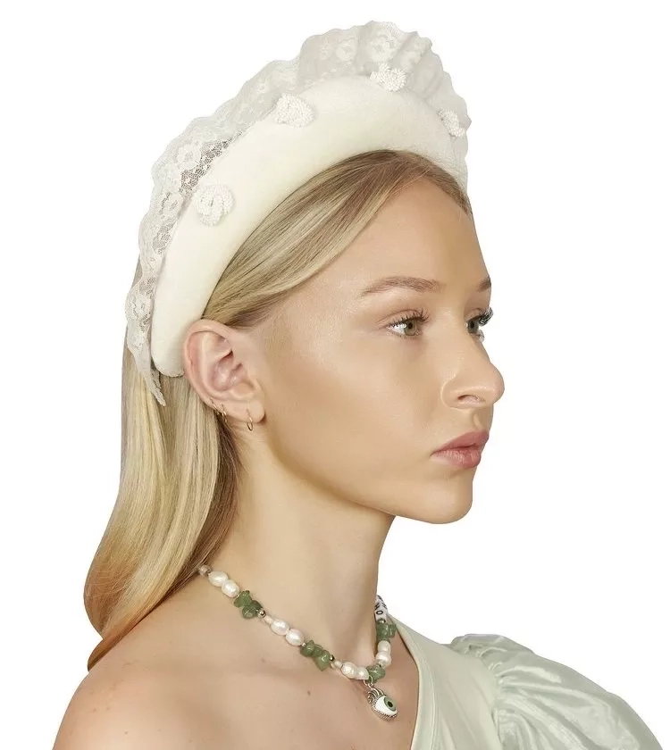 Off-White Padded Headband with Lace and Beading