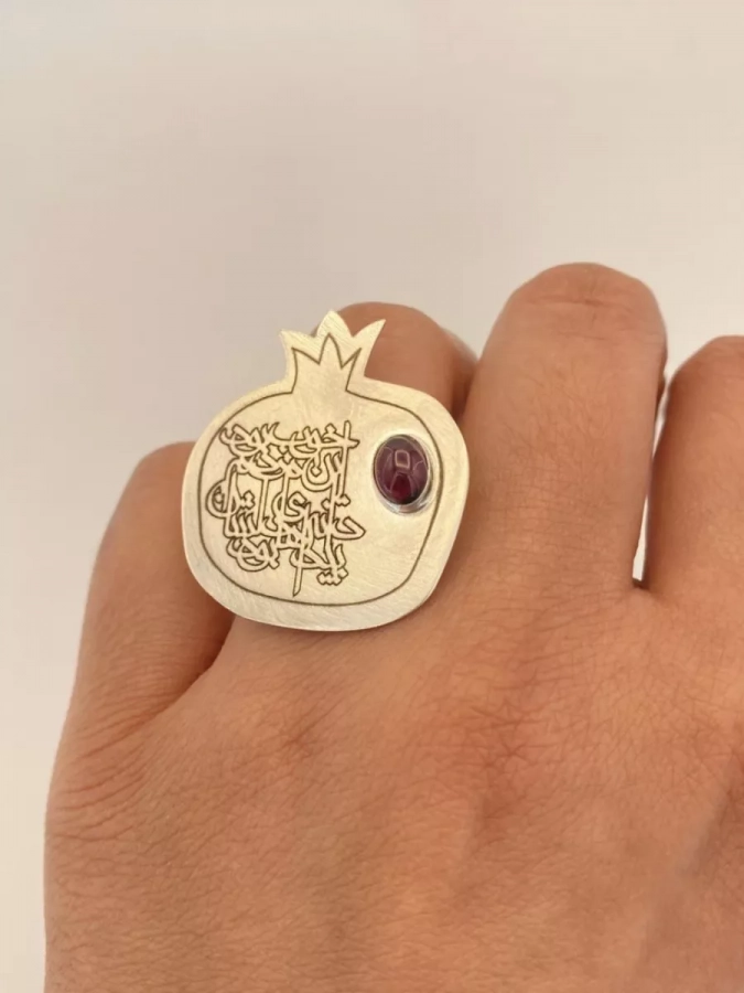 Handmade Adjustable Silver Pomegranate Ring 
