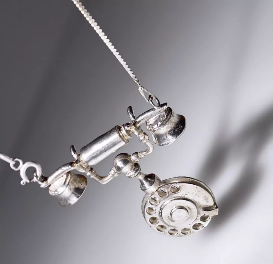 Silver telephone necklace handmade-mache