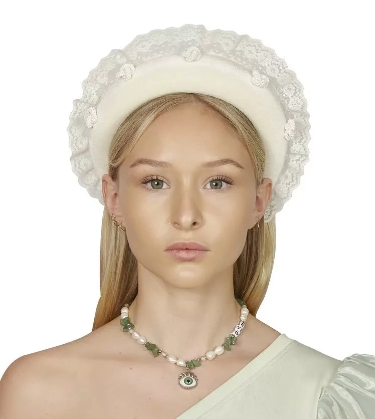 Off-White Padded Headband with Lace and Beading