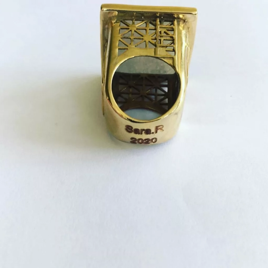 Persian Architecture Gold Plated Bronze Ring And White Matt Agate