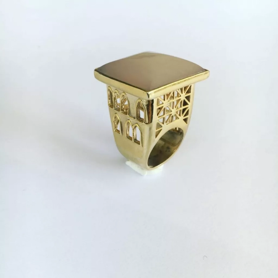 Persian Architecture Gold Plated Bronze Ring And Light Pink Rose Quartz