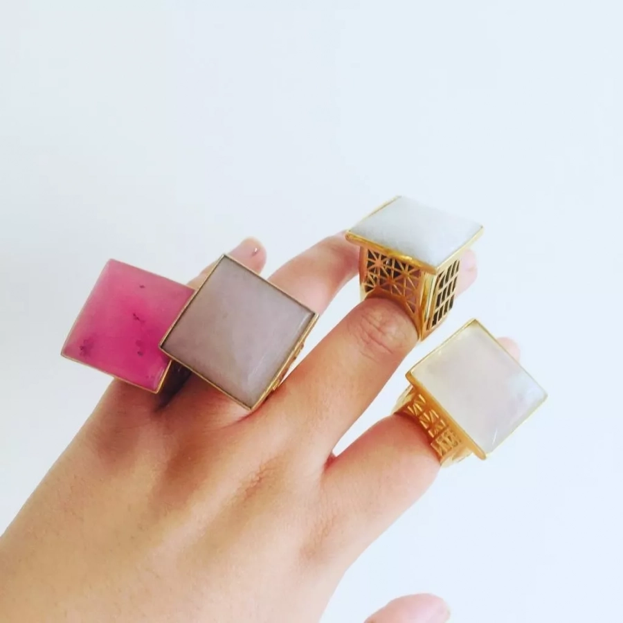 Persian Architecture Gold Plated Bronze Ring And Light Pink Rose Quartz