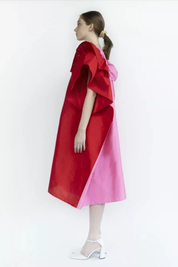 Silk Solid Red And Pink Two Layers Of Short Ruffle Sleeves P&r Dress