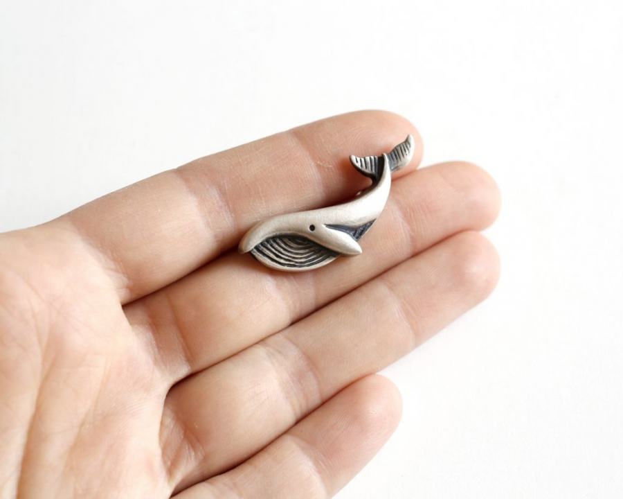 Handmade oxidized silver whale pin brooch