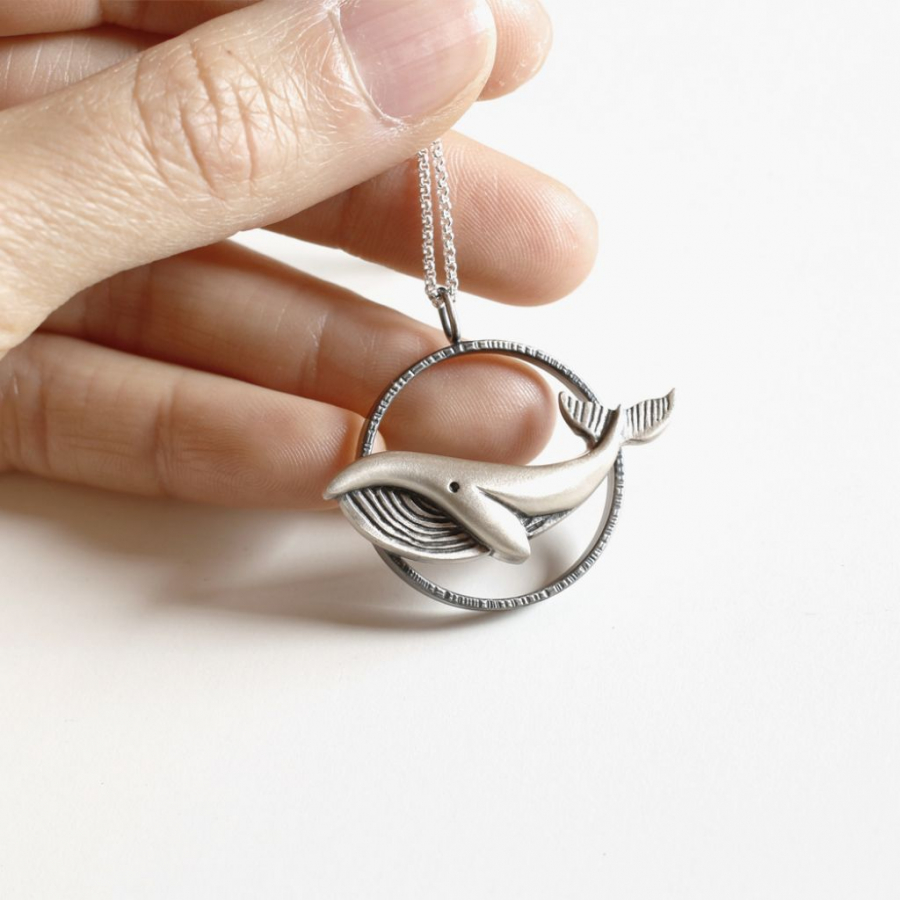 Handmade sterling silver whale pendant necklace