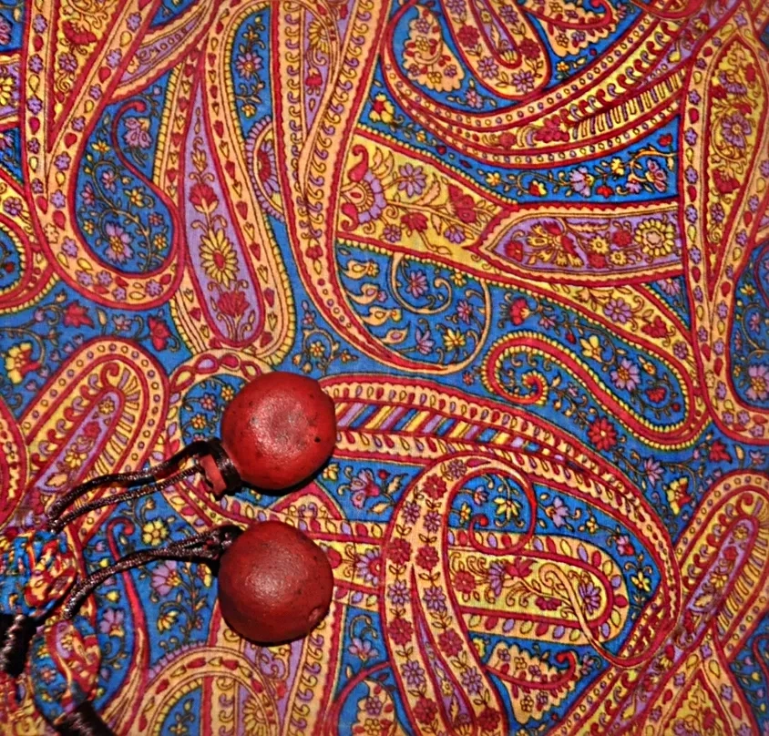 Persian paisley scarf with hanging pomegranates blue and red