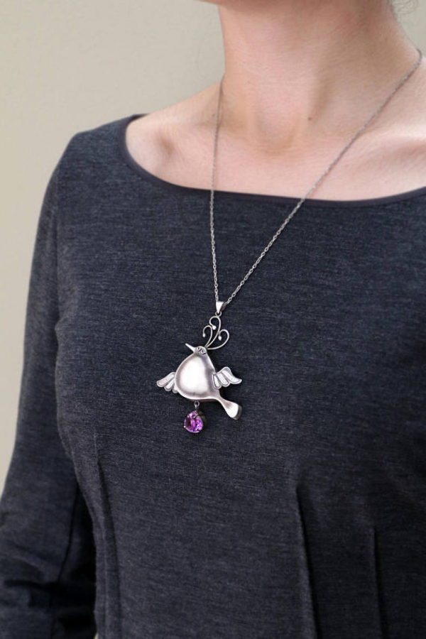 Handmade Silver Bird Of Happiness Necklace With Amethyst Stone