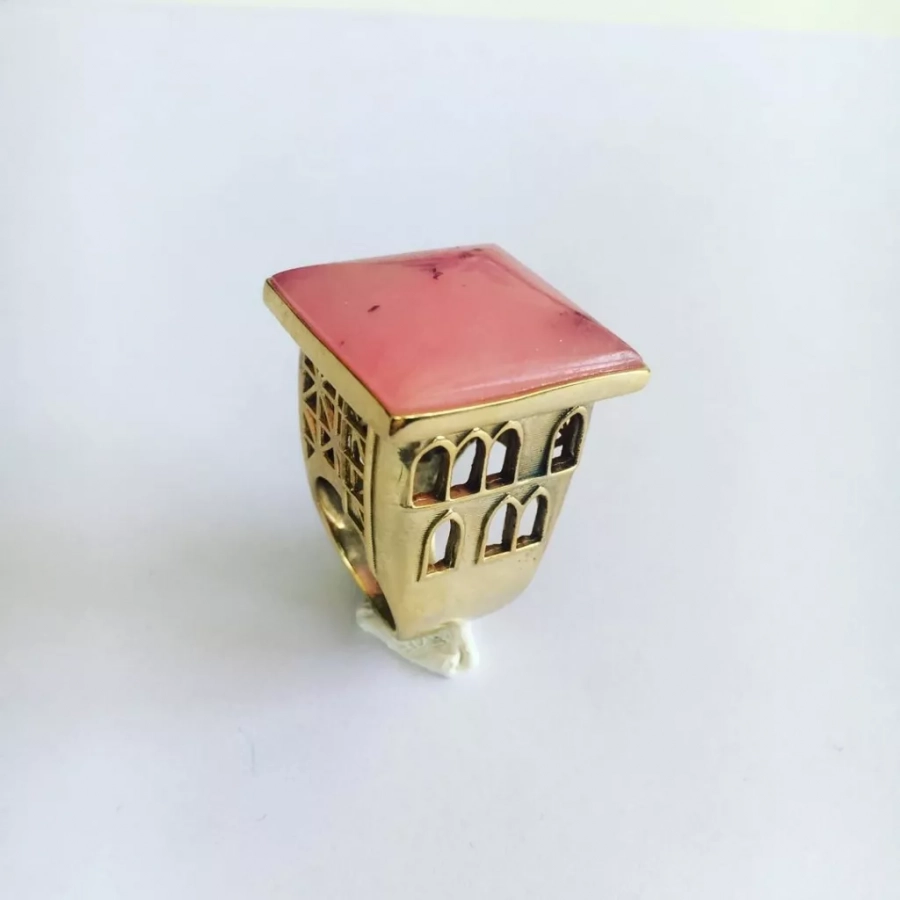 Persian Architecture Gold Plated Bronze Ring And Pink Agate