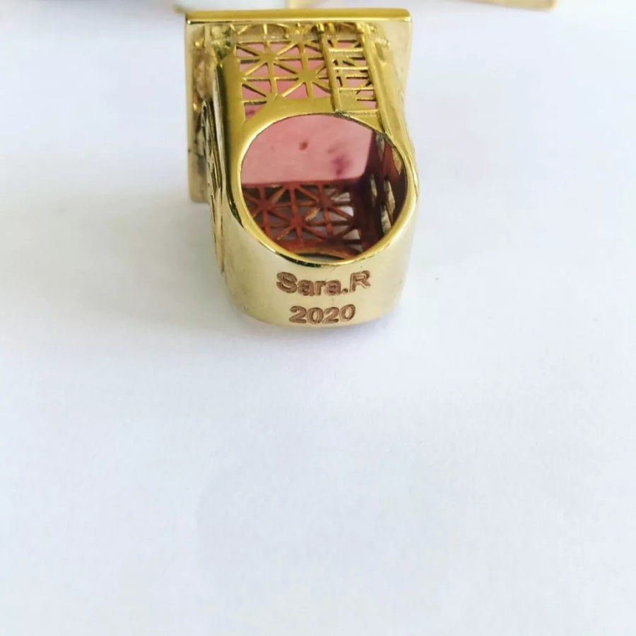 Persian Architecture Gold Plated Bronze Ring And Pink Agate