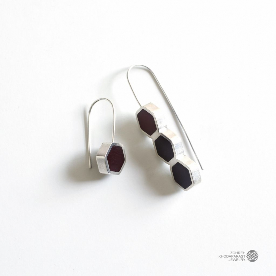 Modern mismatched silver and burgundy resin hexagon drop earrings