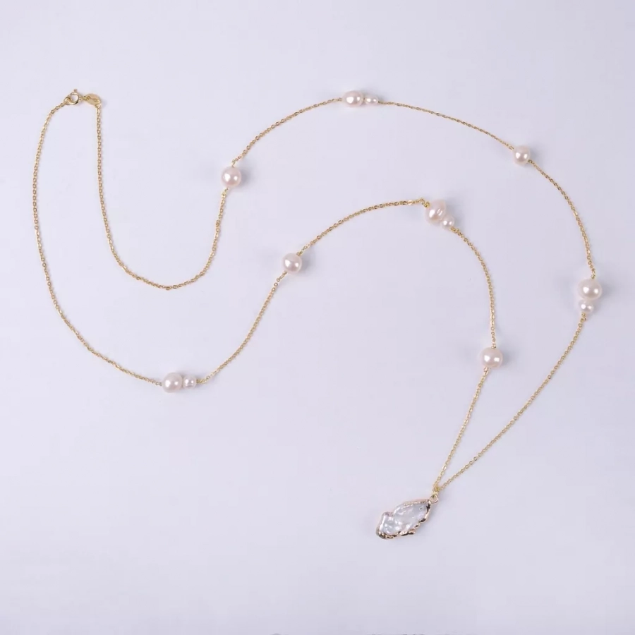 Gold Plated Silver Long Necklace With White Baroques And Round Pearls