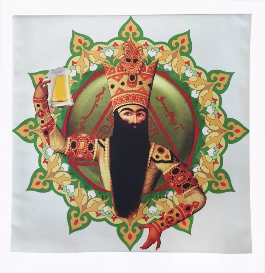 Persian cushion qajar king and beer