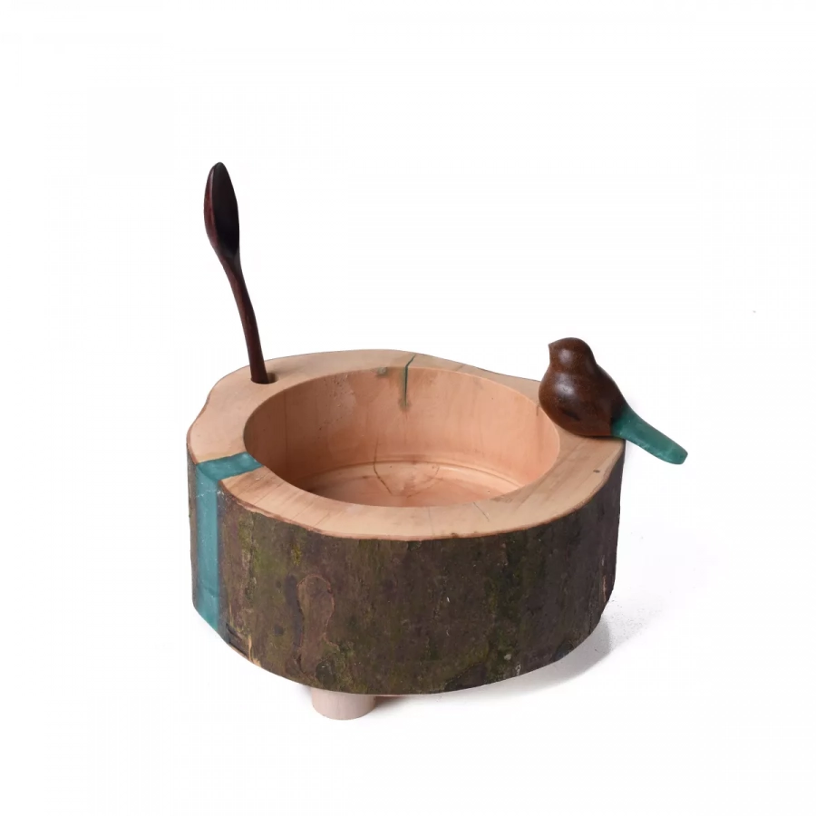 Wooden Bowl & bird, wooden spoon, resin, blue, nuts, food, handcarved bird
