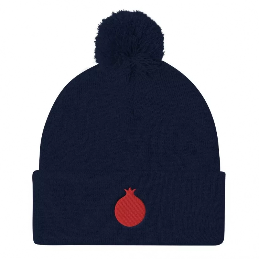 Embroidered Pomegranate Pom Pom Knit Cap In 3 Colors