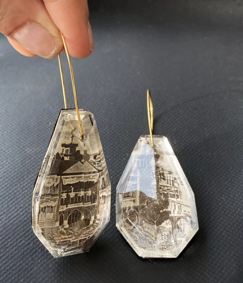 Large Crystal Earrings With Antique Iranian Image