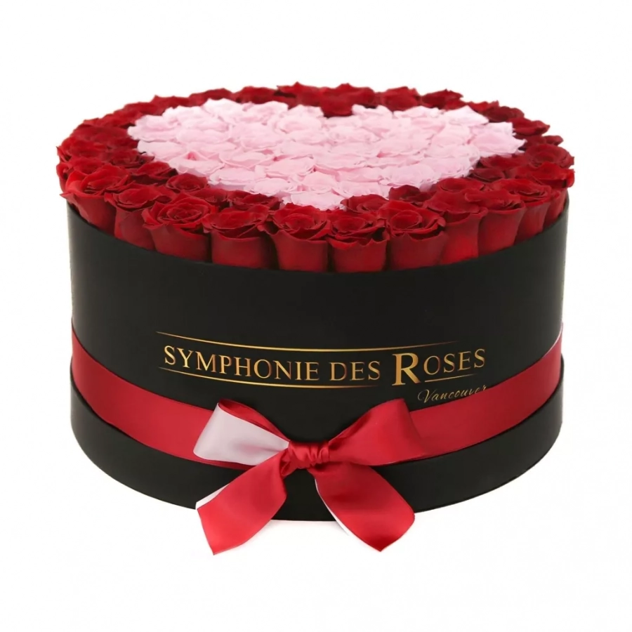 Red & Pink Heart Roses In A Black Box- Luxe Collection