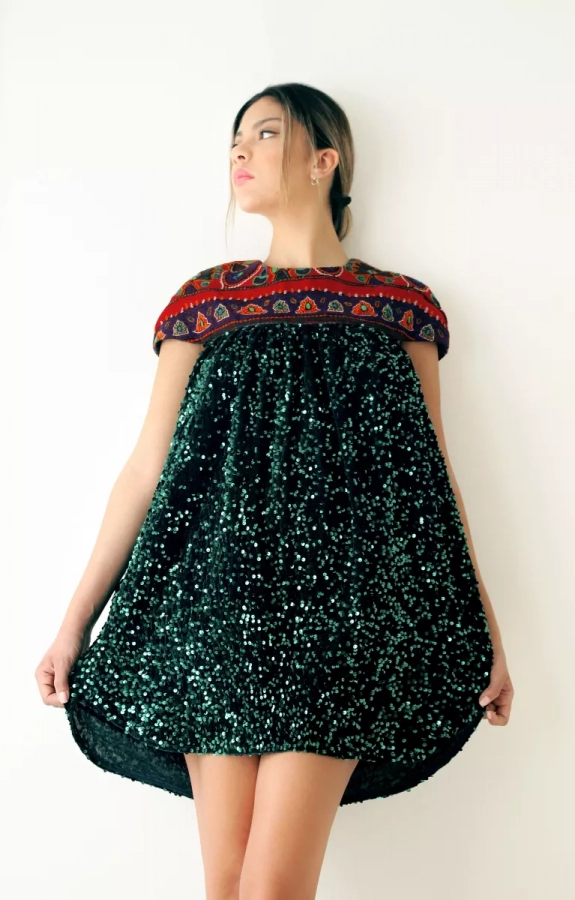 Handwoven green and red Kerman pate dress